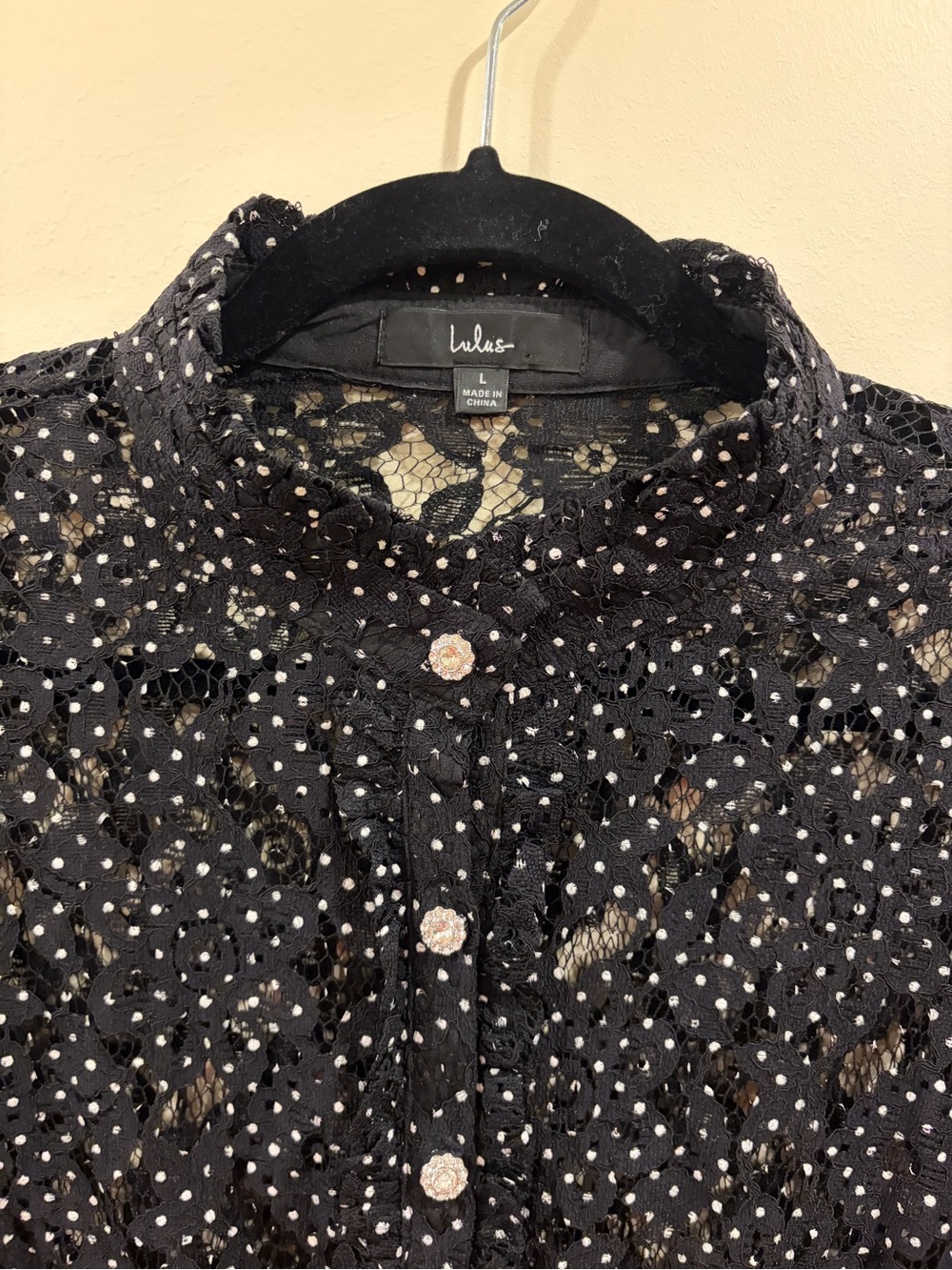Lulu's Black Polka Dot Lace Button Down Top Size L - Picture 6 of 7